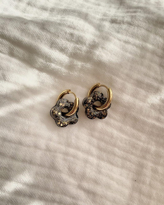 Créoles petites fleurs - noir doré