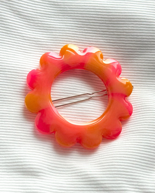 GRANDE barrette flower - marbrée orange & fuschia