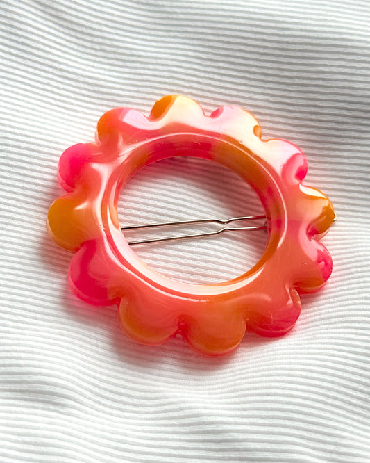GRANDE barrette flower - marbrée orange & fuschia